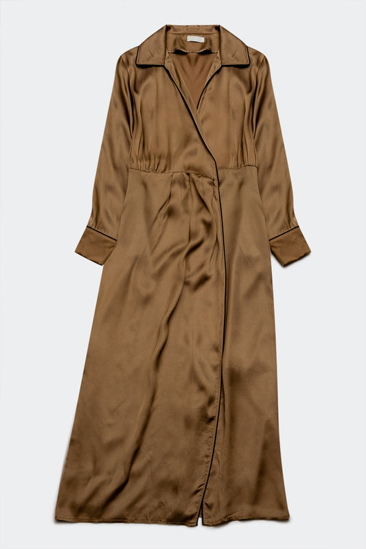 Q2 Satin wrap front maxi dress in beige satin