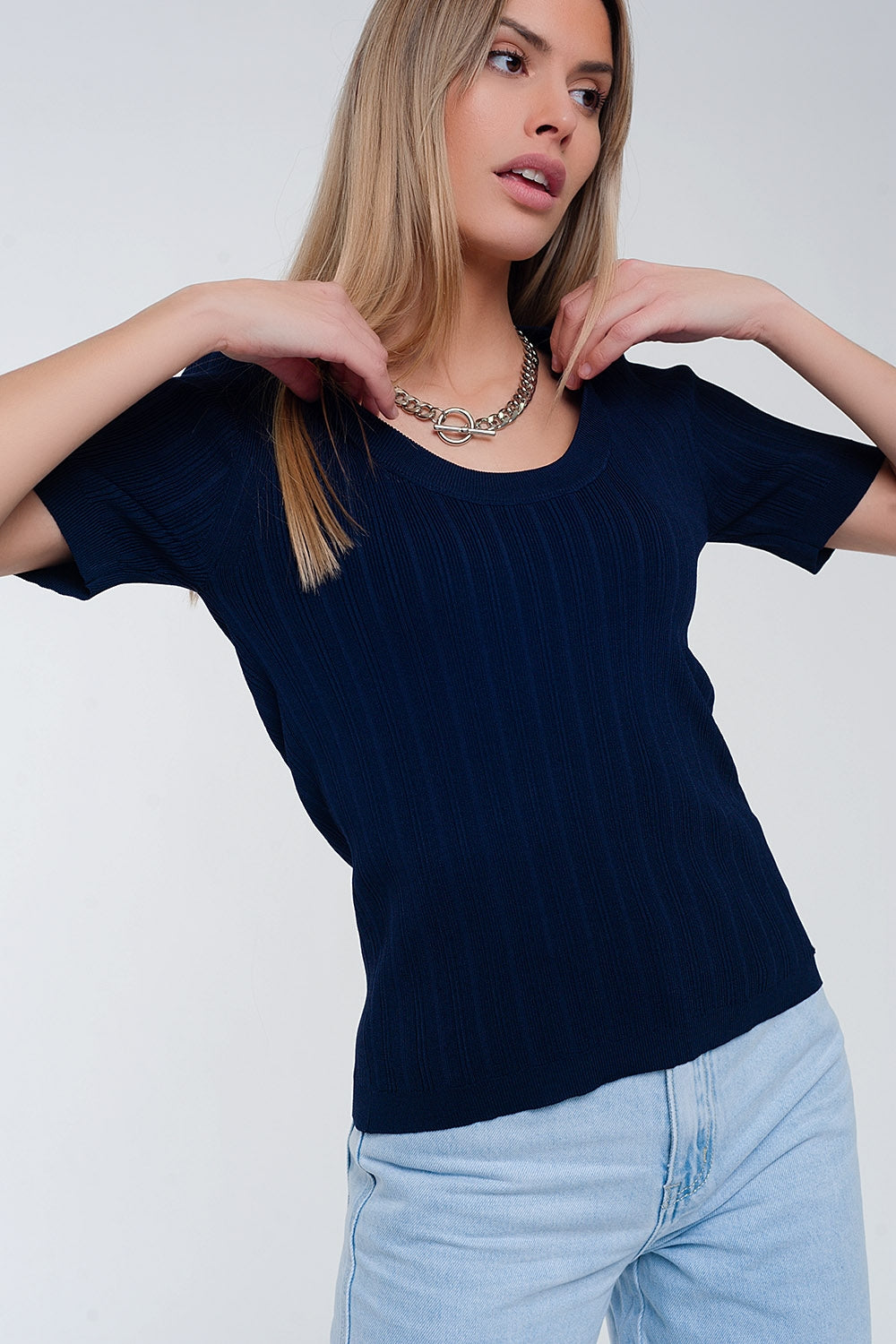 Scoop neck jumper with short sleeve in navy