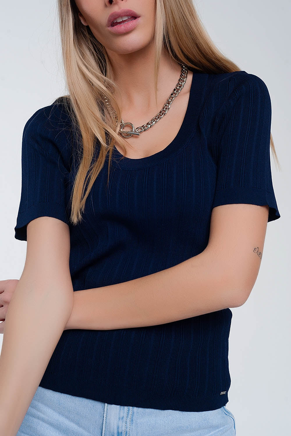 Scoop neck jumper with short sleeve in navy