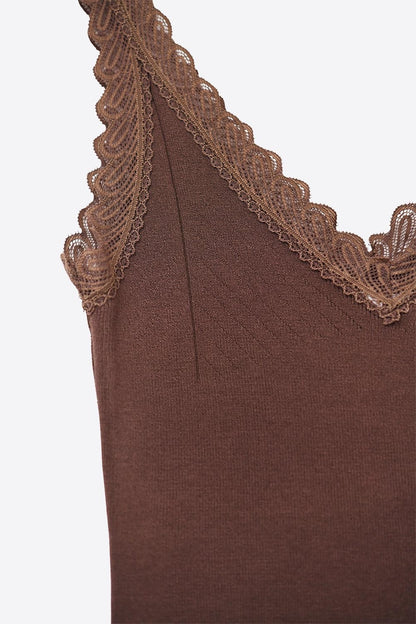 Scoop Neck Lace knitted Trim Tank Top in Chocolate Brown