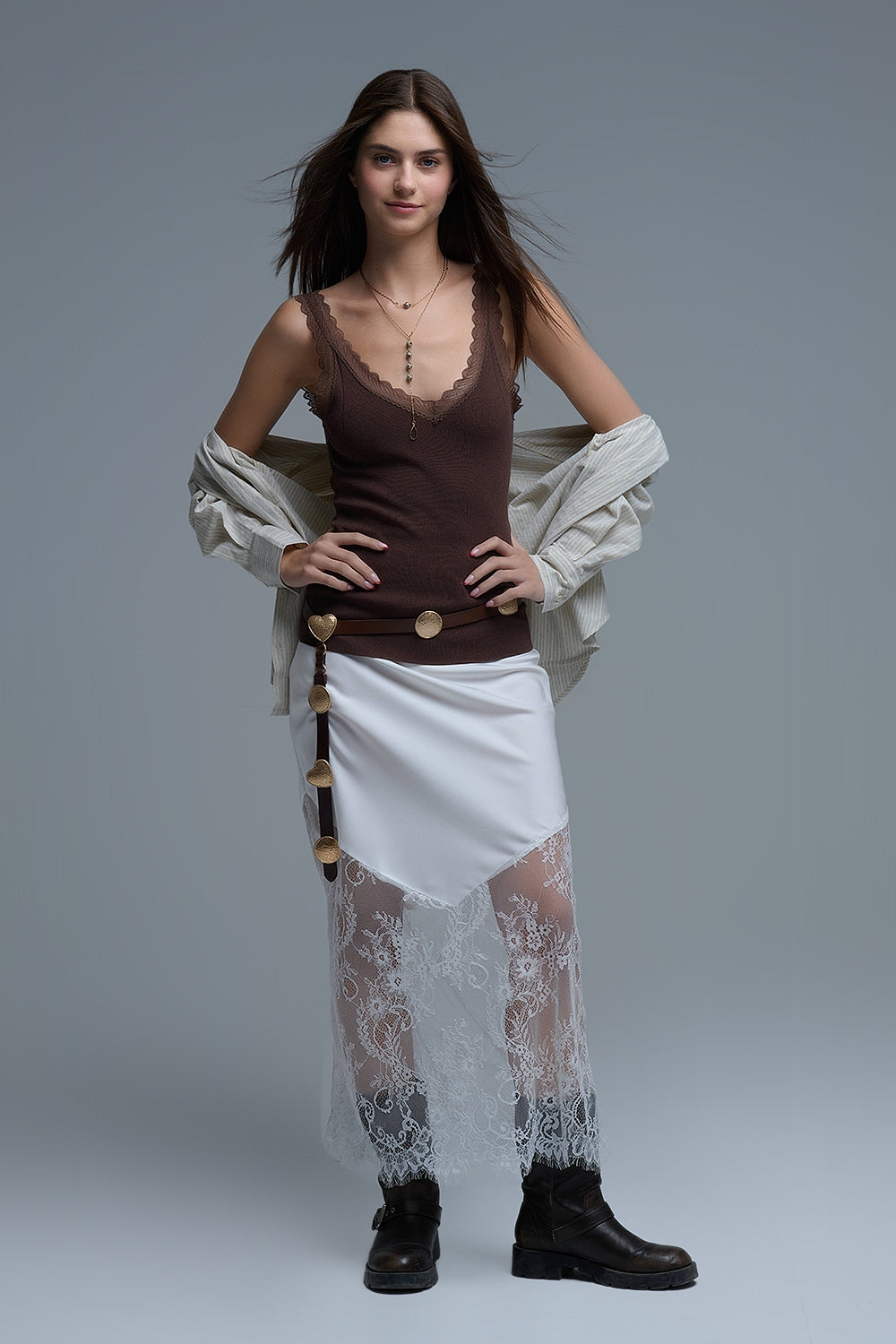 Scoop Neck Lace knitted Trim Tank Top in Chocolate Brown