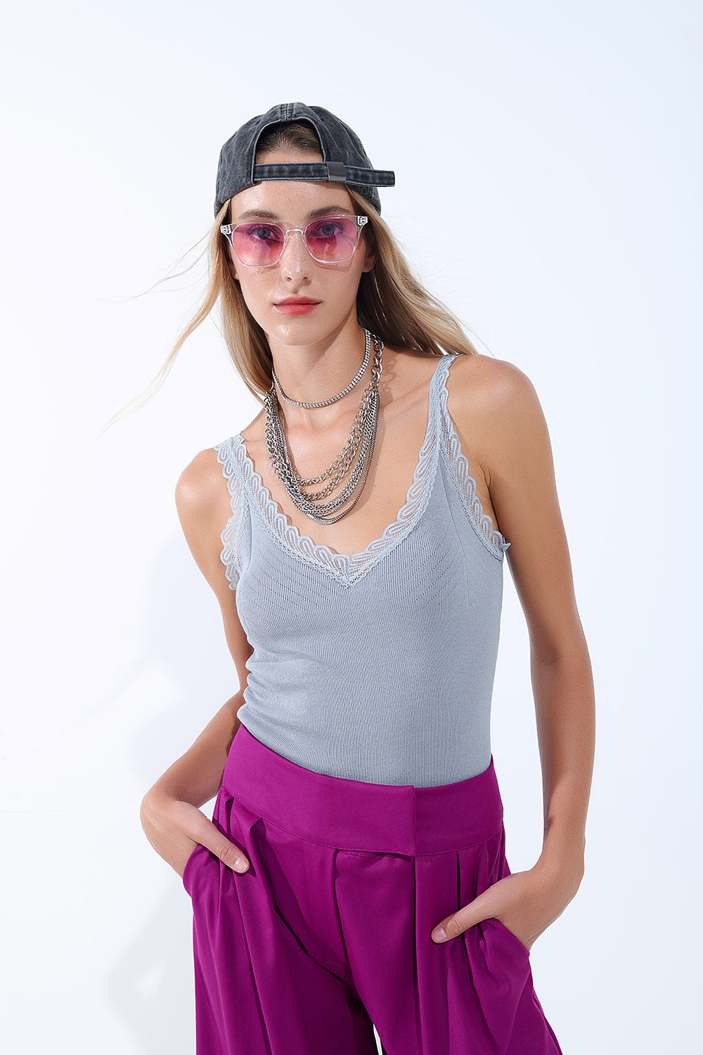 Scoop Neck Lace knitted Trim Tank Top in Grey