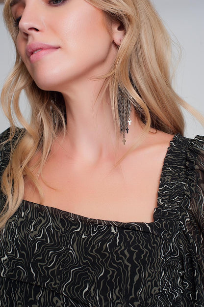 See-through top with long sleeves geo print in black color with elastic cuffs