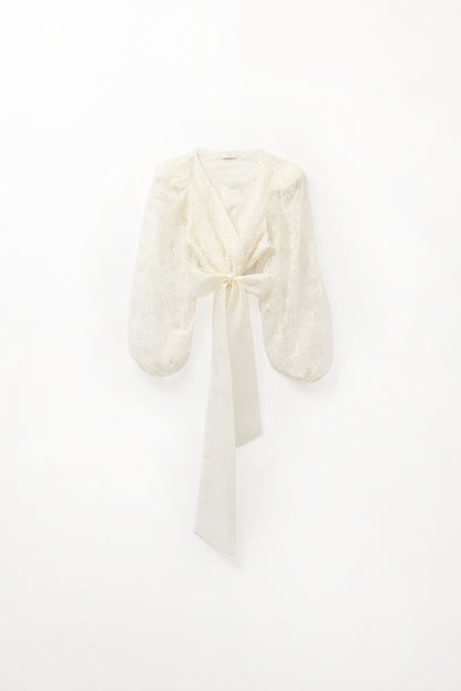 Q2 sequined lace wrap blouse