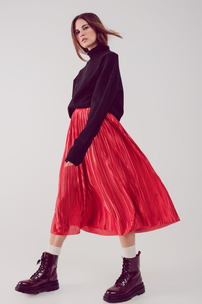 Shiny rust pleated midi skirt