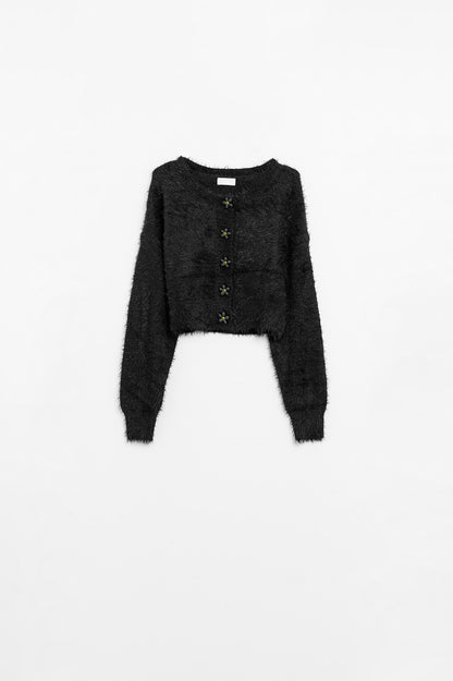 Q2 Short and fluffy black cardigan with flower buttons
