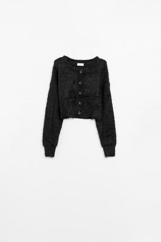 Q2 Short and fluffy black cardigan with flower buttons