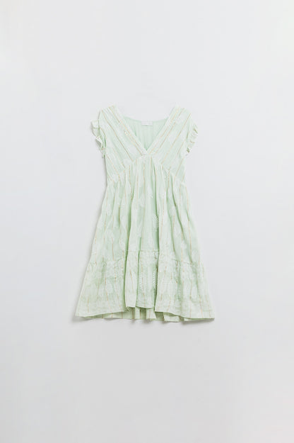 Short Babydoll Dress With Leaf Print And Lurex Thread in Mint