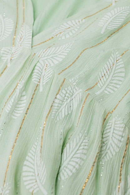 Short Babydoll Dress With Leaf Print And Lurex Thread in Mint