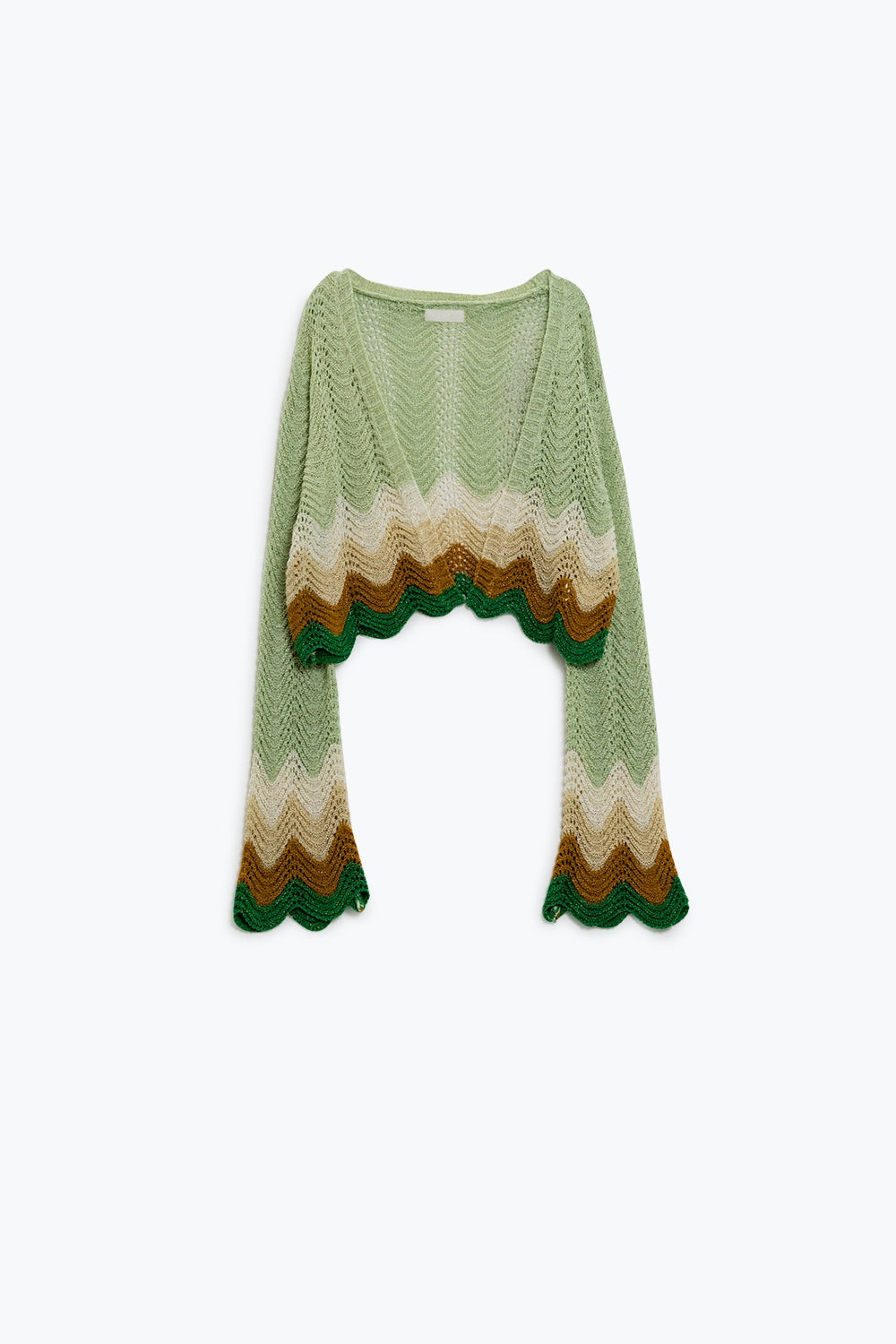 Q2 Short knitted cardigan with angel sleeves and wave multicolor detail in green