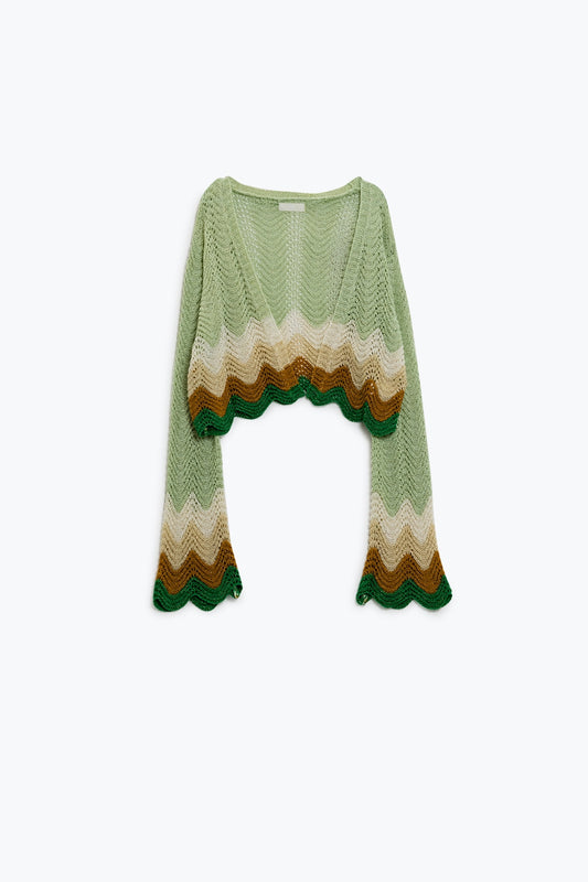 Q2 Short knitted cardigan with angel sleeves and wave multicolor detail in green