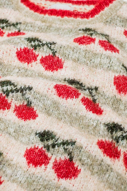 short sleeve ecru sweater with cherry print
