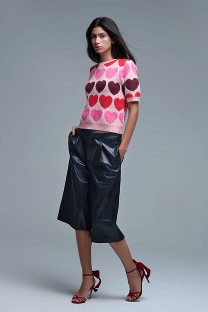 Short Sleeve Printed Heart Sweater in Pink