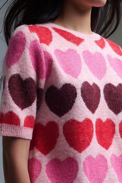 Short Sleeve Printed Heart Sweater in Pink