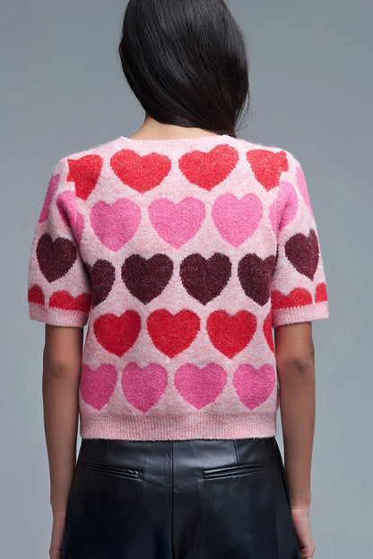 Short Sleeve Printed Heart Sweater in Pink