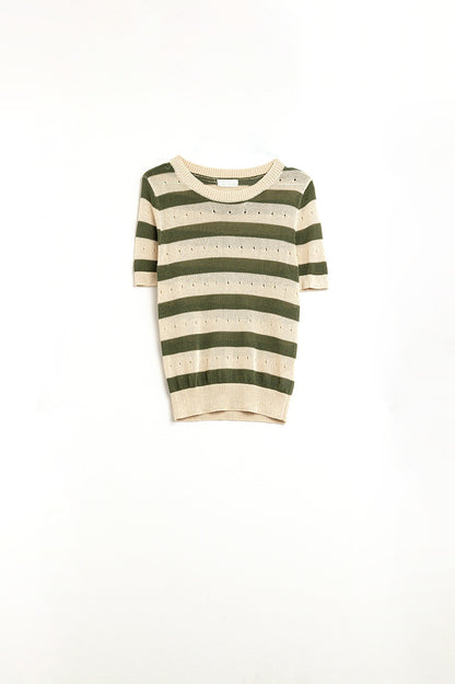 Short Sleeve Striped Pointelle Knit Sweater in Green