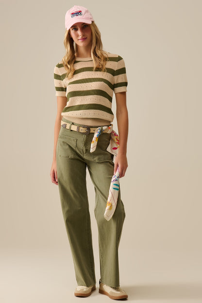 Short Sleeve Striped Pointelle Knit Sweater in Green