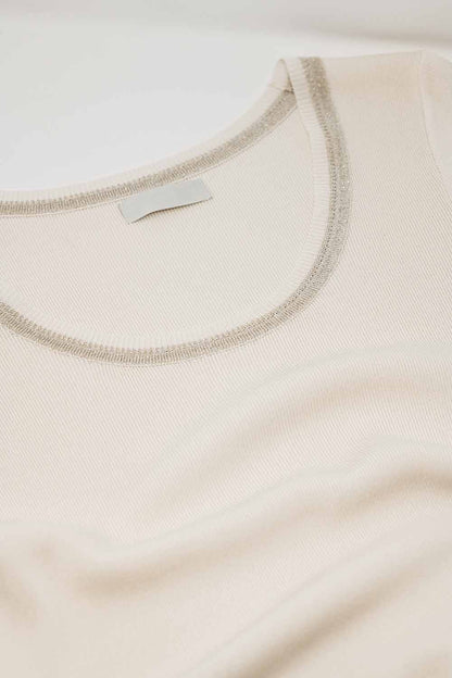 Short Sleeve sweater In beige With Silver Seam at Round Neck