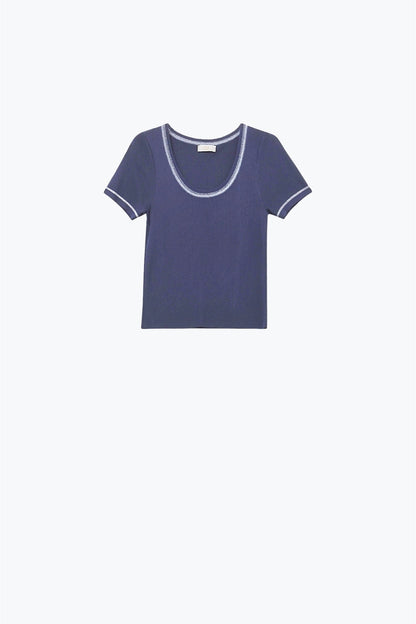 Q2 Short Sleeve sweater In navy With Silver Seam at Round Neck