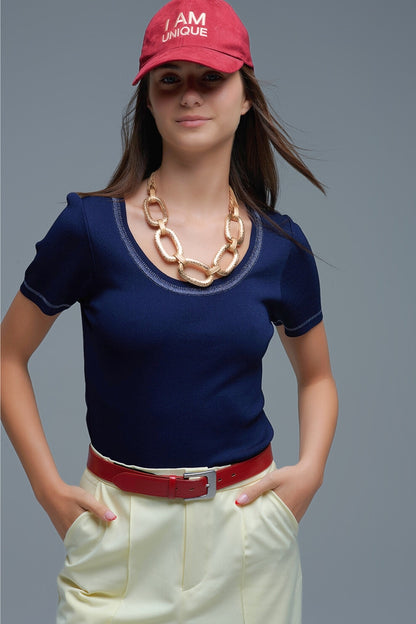 Short Sleeve sweater In navy With Silver Seam at Round Neck