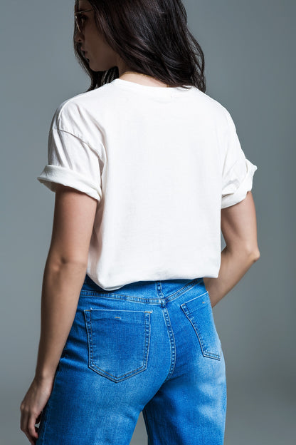 Short Sleeve T-shirt With Graphic Peace Sign Design At The Front In Cream