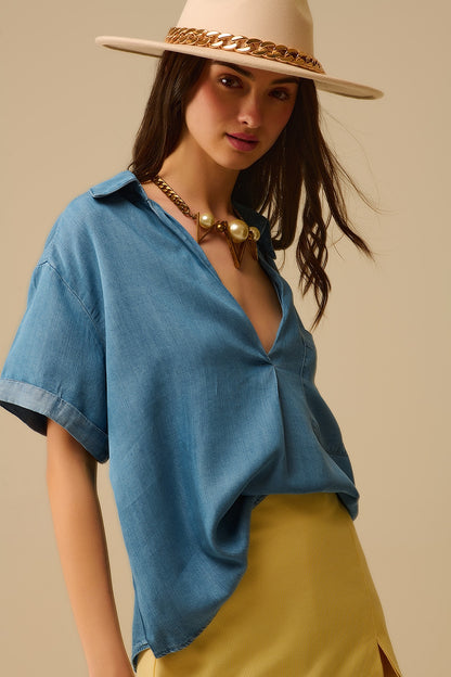 Short Sleeve Tencel Shirt With Chest Pocket in Blue