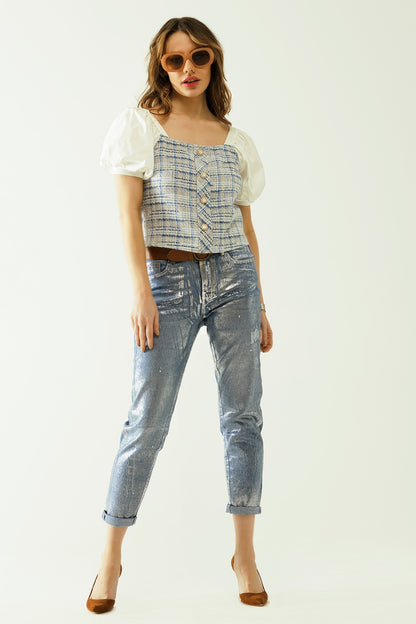 skinny blue jeans with metallic finish in light wash