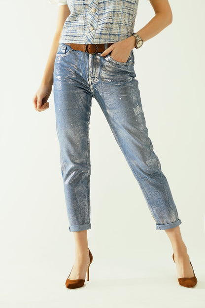 skinny blue jeans with metallic finish in light wash