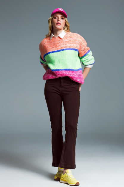 Skinny Flared Jeans With Double Button Detail in Brown