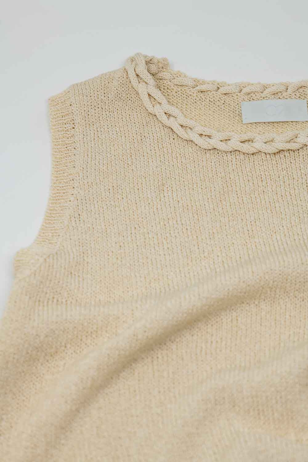 Sleeveless beige Sweater With Crew Neckline And Braid Detail At Neckline