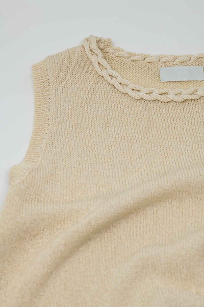 Sleeveless beige Sweater With Crew Neckline And Braid Detail At Neckline