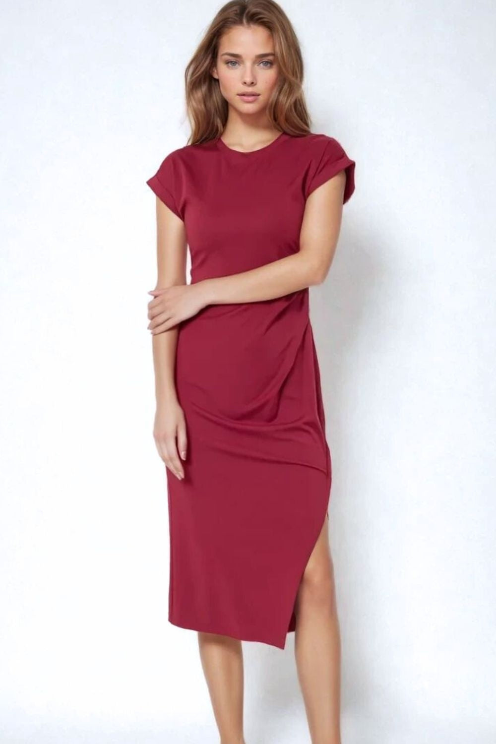 Q2 Sleeveless burgundy stretch tencel dress