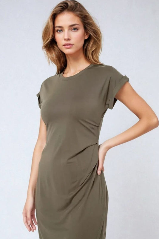 Q2 Sleeveless khaki stretch tencel dress