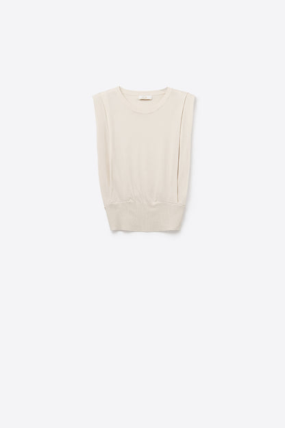 Sleeveless Knited Top With Shoulder Drape in Beige