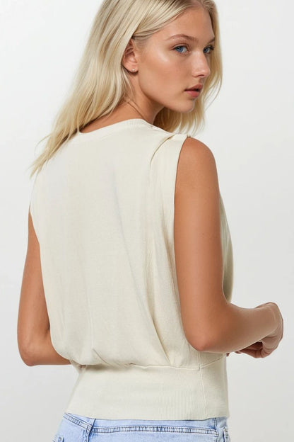 Sleeveless Knited Top With Shoulder Drape in Beige