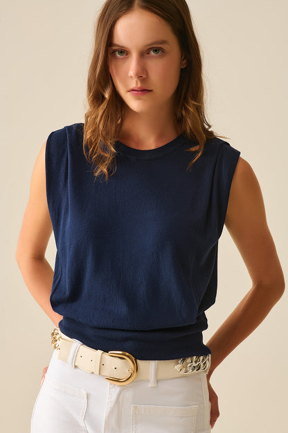 Q2 Sleeveless Knited Top With Shoulder Drape in Navy
