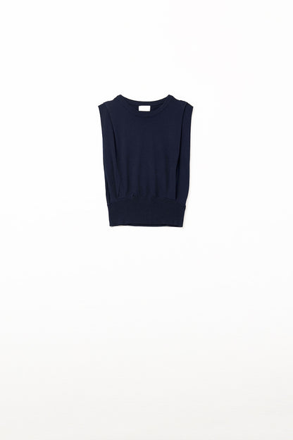 Sleeveless Knited Top With Shoulder Drape in Navy