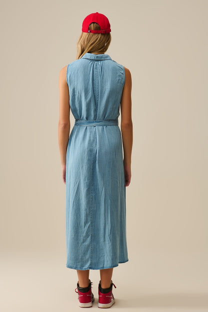 Sleeveless tencel fabric shirt dress in Blue