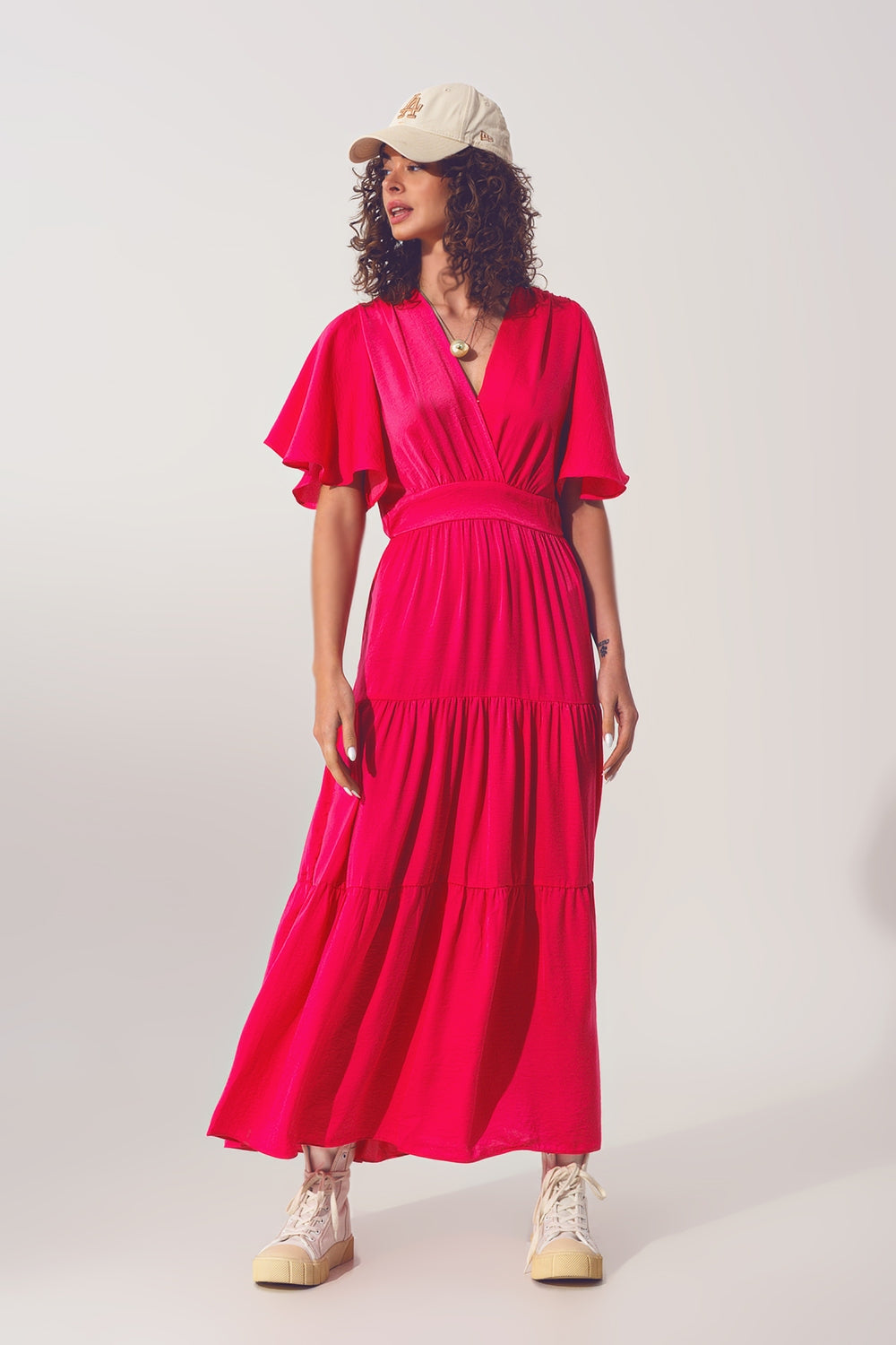 Smock V Neck Maxi Dress in fucsia