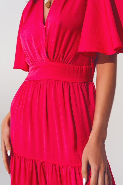 Smock V Neck Maxi Dress in fucsia