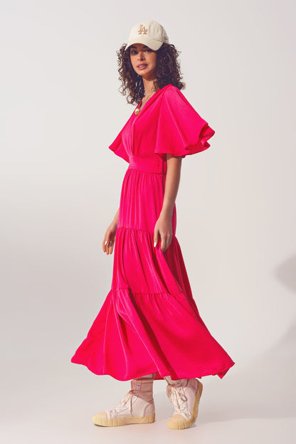 Smock V Neck Maxi Dress in fucsia
