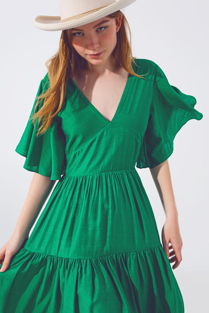 Smock V Neck Maxi Dress in Green