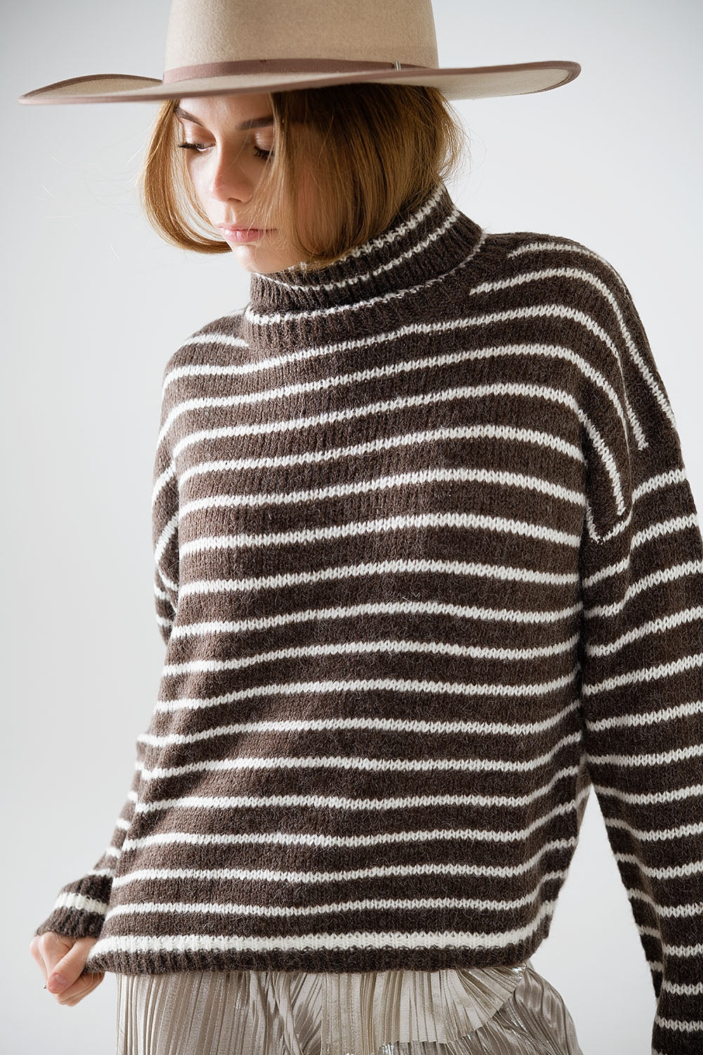 soft knit striped turtleneck sweater in brown