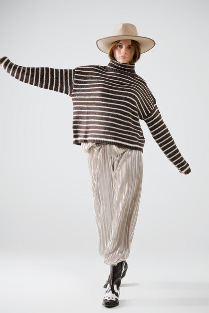 soft knit striped turtleneck sweater in brown