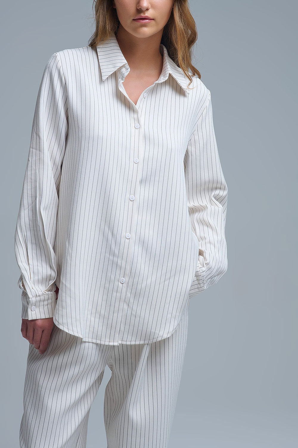 Sophisticated Pinstripe Cream-Striped High-Neck Shirt