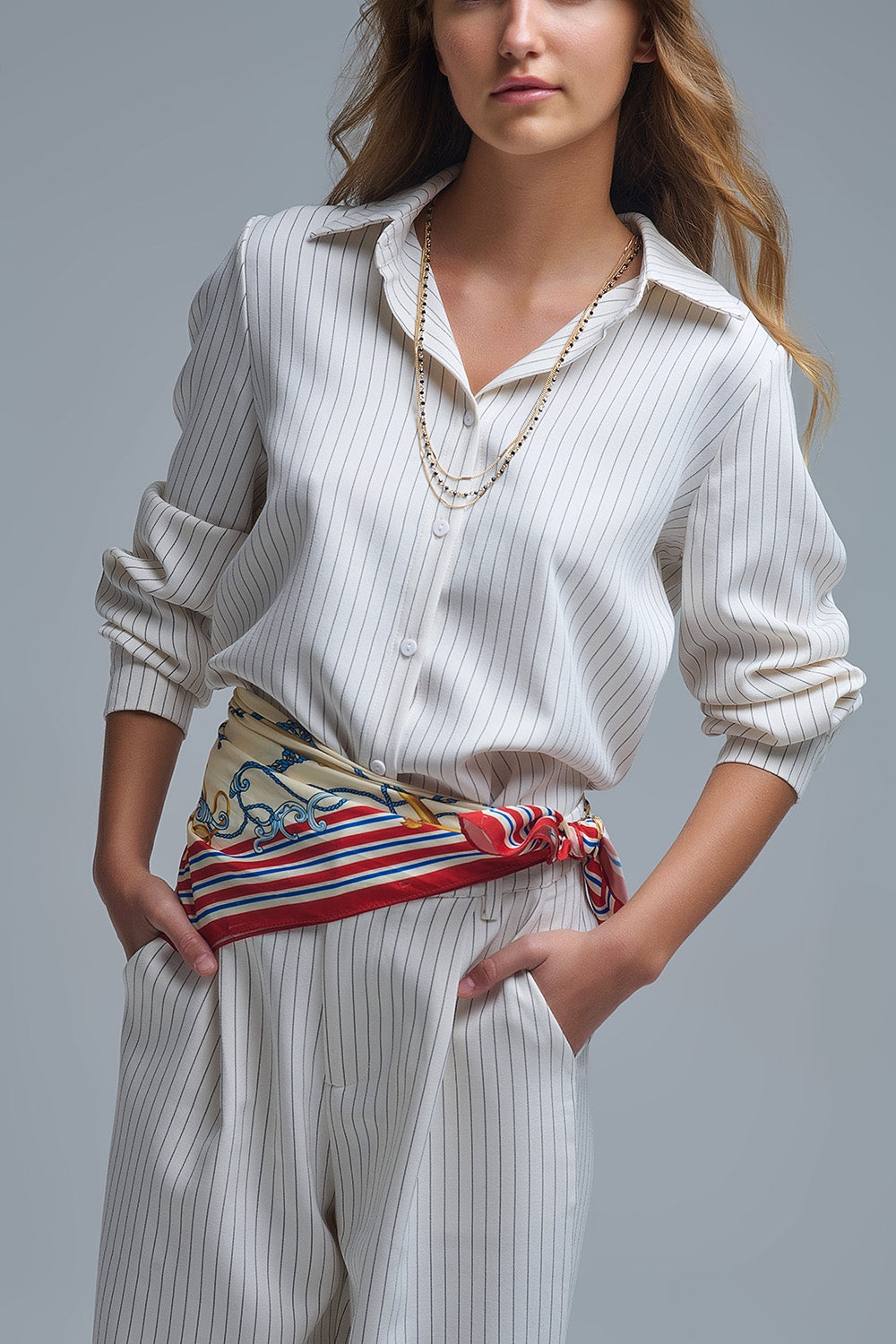 Sophisticated Pinstripe Cream-Striped High-Neck Shirt