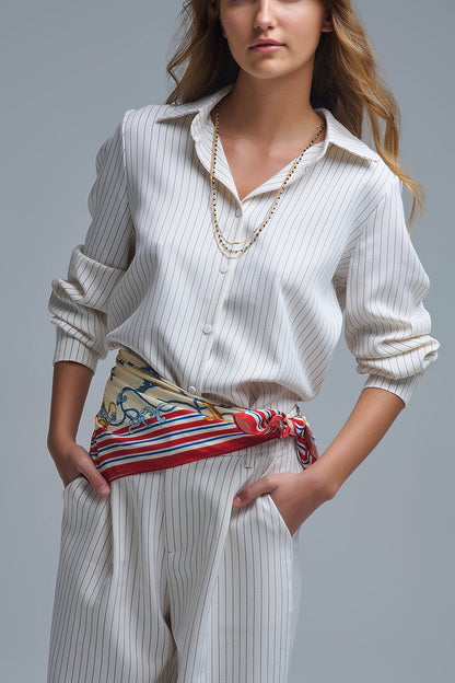 Sophisticated Pinstripe Cream-Striped High-Neck Shirt