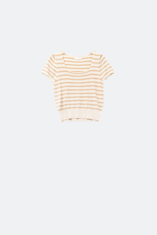 Q2 Square neck Stripped Sweater in beige and camel