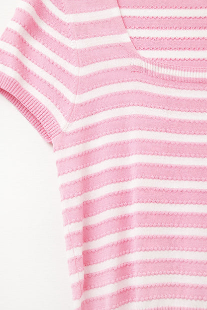 Square neck Stripped Sweater in Pink and White