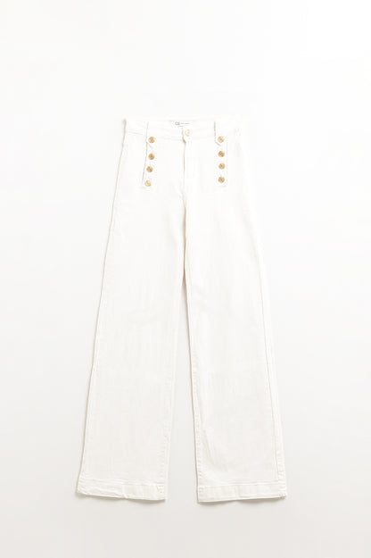 Straight Jeans With Gold Buttons At the Side in White